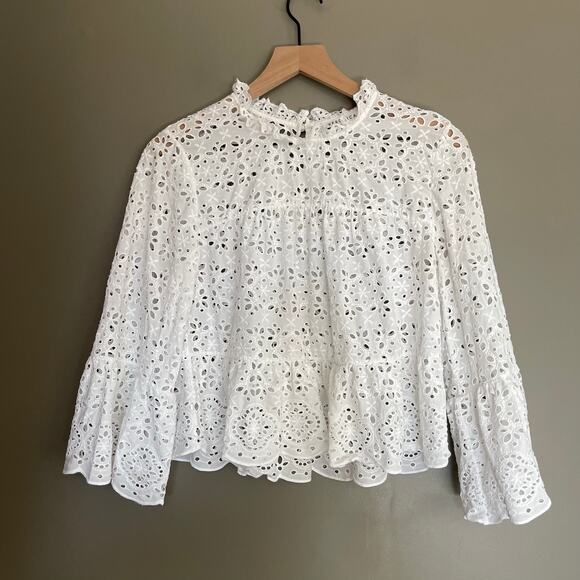 Veronica Beard Emmalyn Eyelet Blouse White Sz 8 Lace Ruffles Flare Sleeves Chic - Picture 3 of 16